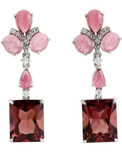 Artisan Natural Octagon Shape Pink Tourmaline & Pave Diamond In 18k White Gold Dangle Earrings