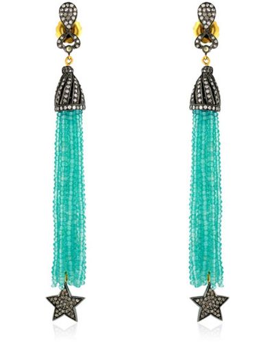 Artisan 18k Gold 925 Silver With Beaded Agate & Diamond Designer Star Tassel Earrings - Blue