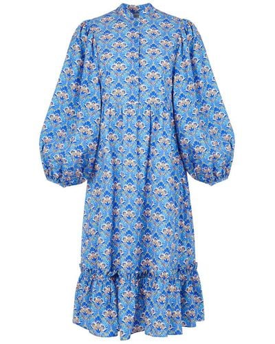 Lavaand The Amelia Organic Cotton Midi Shirt Dress In Lotus Floral - Blue