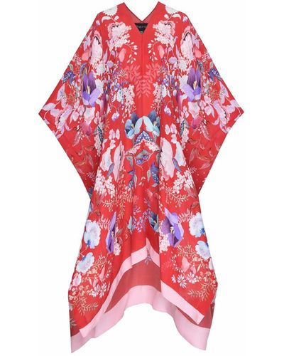 Meng Watercolour Flowers Silk Georgette Kaftan - Red