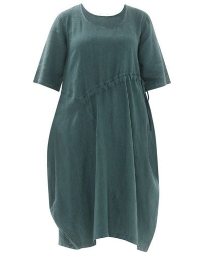 Haris Cotton Solid Asymmetrical Hem Linen Ballon Dress With Knot Side - Green