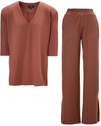 BLUZAT Ribbed Matching Set With Blouse And Pants With Slit - Brown