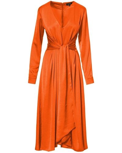 BLUZAT Midi Neon Orange Dress With Scarves And Pleats