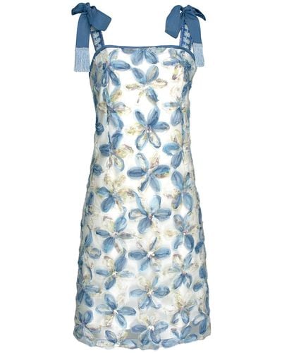 Lalipop Design Flower Applique Mini Dress With Tieable Straps - Blue