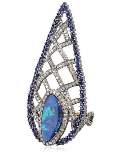 Artisan Long Ring Sapphire Diamond 925 Silver Cocktail Ring 18k Gold Jewelry - Blue