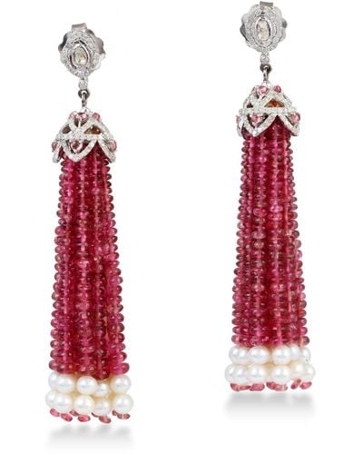 Artisan Genuine Diamond 18k Gold & 925 Sterling Silver Natural Pearl Tassel Earrings Pink Tourmaline Gemstone Jewelry - Red