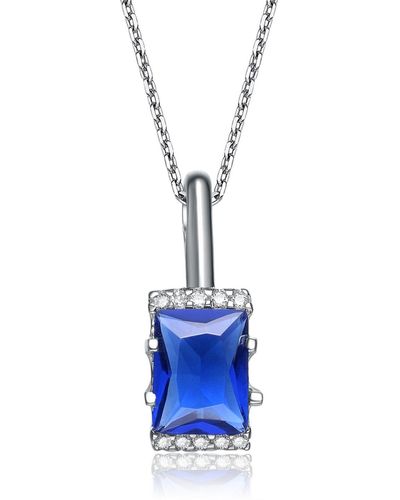 Genevive Jewelry Sterling Silver Blue And White Cubic Zirconia Square Necklace