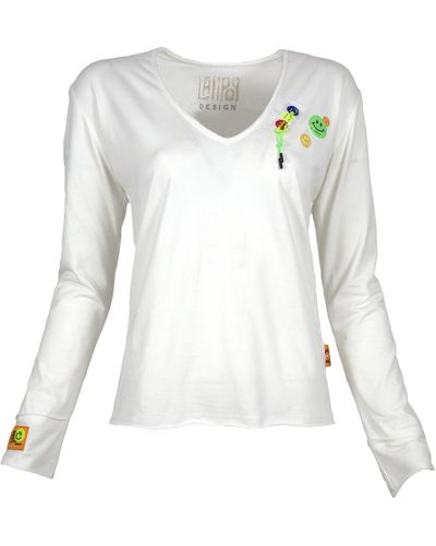 Lalipop Design V-neck Long Sleeve Logo T-shirt - White
