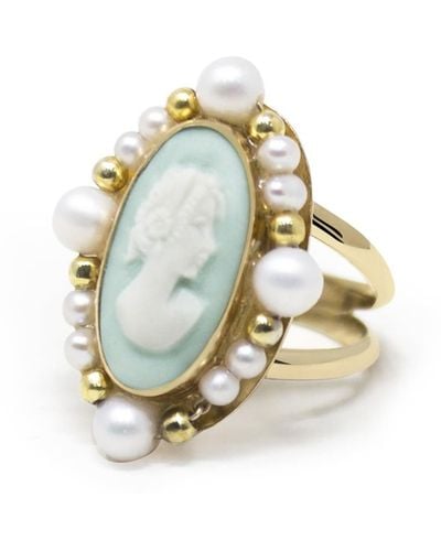 Vintouch Italy Ophelia Gold-plated Green Cameo And Pearl Ring - Metallic