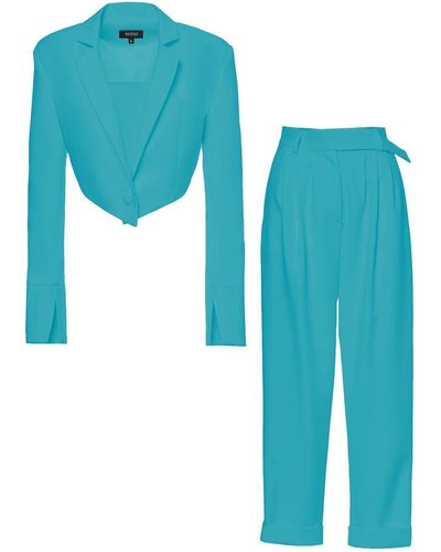 BLUZAT Turquoise Suit With Cropped Blazer And Pants - Blue