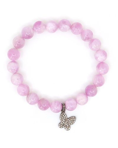 Shar Oke Kunzite & Butterfly Diamond Charm Beaded Bracelet - Pink