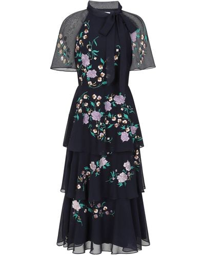 Frock and Frill Diantha Floral Embroidered Tiered Midi Dress - Blue