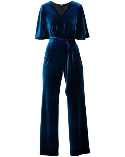 Rumour London Layla Velvet Jumpsuit With Bell Sleeves & Sash In Royal - Blue