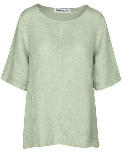 Haris Cotton High-low Linen Short Sleeved Curve Blouse - Green