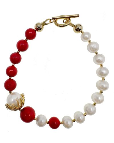 Farra Bamboo And White Freshwater Pearls Bracelet - Red