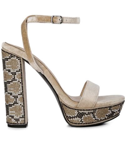 Rag & Co Zircon Beige Diamante Studded High Block Heel Sandals - Metallic