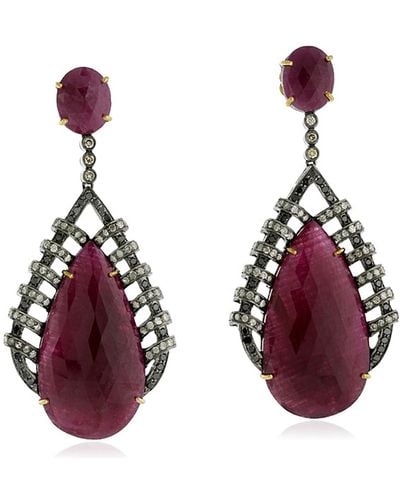 Artisan 18k Gold & 925 Sterling Silver In Colored Diamond With Pear Cut Ruby Dangle Earrings