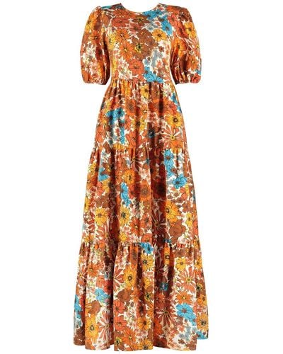 Lavaand The Frances Tiered Maxi Dress In Brown 70s Floral - Orange