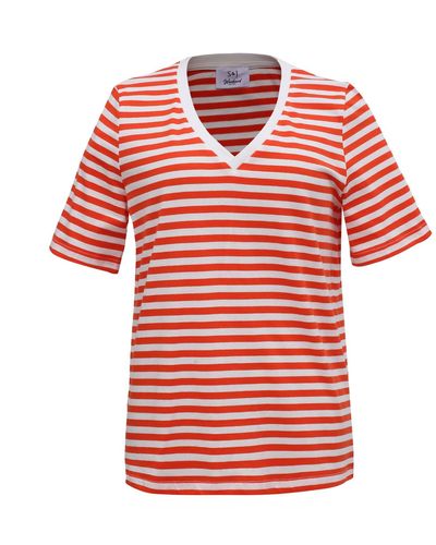 Smart and Joy V Neck Stripes Cotton T-shirt - Red