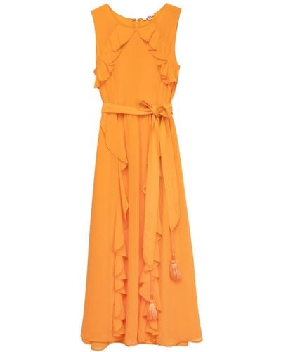 Niza Long Dress With Pleats And Ruffles - Orange