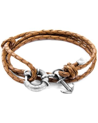 Anchor and Crew Light Brown Clyde Anchor Silver & Braided Leather Bracelet - Multicolour