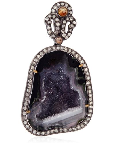 Artisan Natural Geode Pendant 925 Sterling Silver 18k Yellow Gold Jewelry - Blue