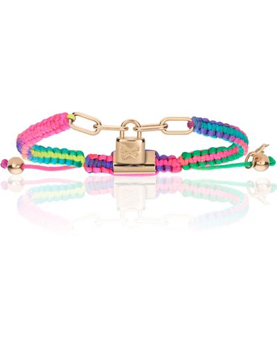 Double Bone Bracelets Pink Gold Lock With Rainbow Polyester Bracelet - Blue
