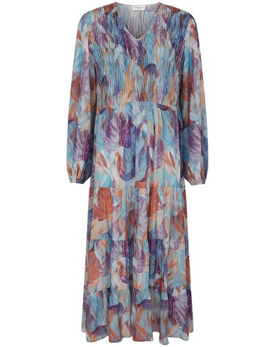 Fresha London Neutrals / Shirred Tiered Dress Leaves - Blue