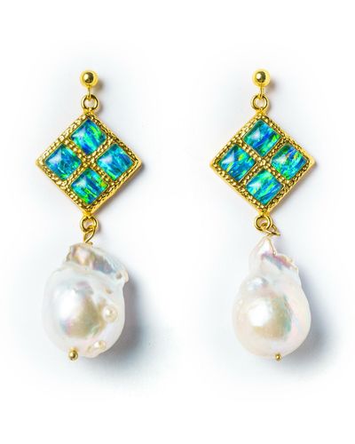 EUNOIA Jewels Sunset Statement Gold Opal And Baroque Freshwater Pearl Earrings - Blue