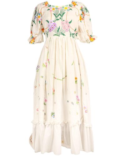 Sugar Cream Vintage Upcycled Floral Embroidered Vintage Linen Dress With Round Neck - Natural