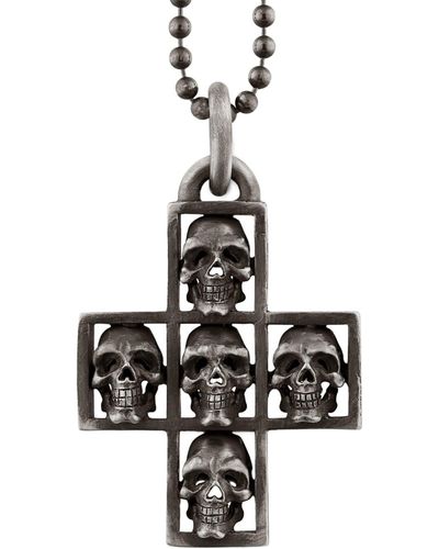 Snake Bones Multi Skull Cross Sterling Pendant Necklace - Black