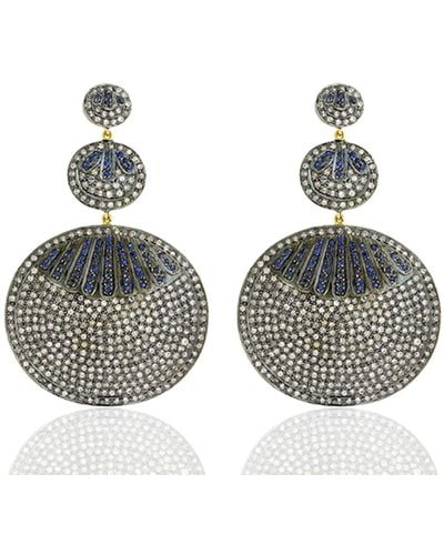 Artisan 14k Gold Sterling Silver In Pave Diamond & Blue Sapphire Round Shaped Dangle Earrings - Multicolour