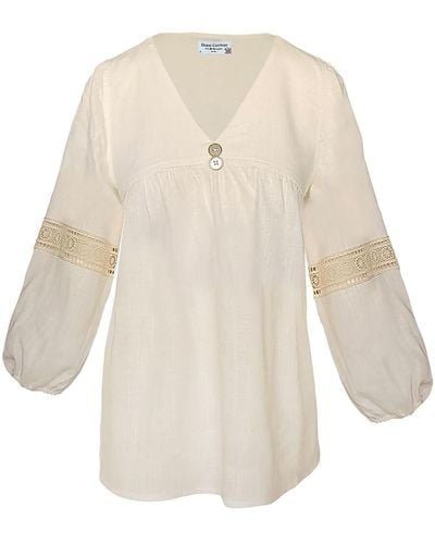 Haris Cotton Solid Linen Blend Blouse With Ballon Sleeves And Lace - Natural
