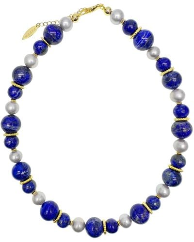 Farra Stunning Lapis With Gray Freshwater Pearls Chunky Necklace - Blue