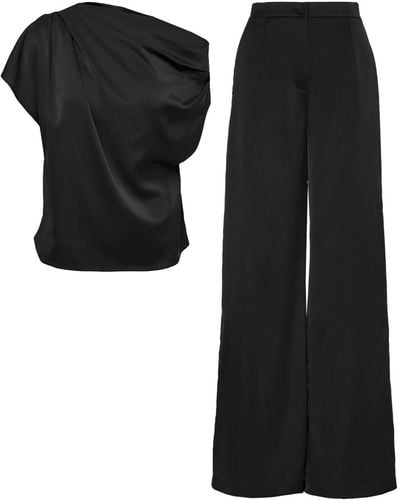 BLUZAT Set With Asymmetrical Draped Top And Wide Leg Pants - Black