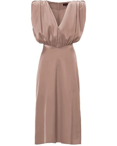 BLUZAT Midi Dress With V-shaped Draped Bodice - Brown