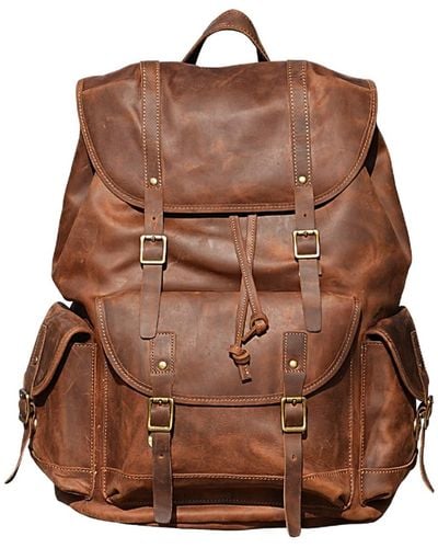 Touri Military Style Leather Backpack - Brown