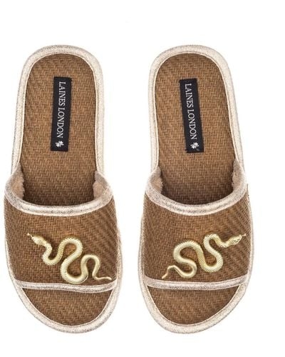Laines London Straw Braided Sandals With Gold Metal Snake Brooches - Natural