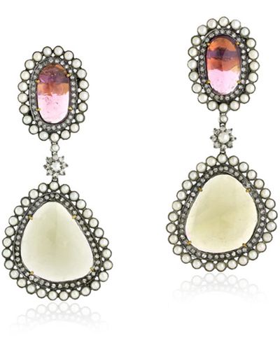 Artisan 18k Gold Silver With Bezel Set Pearl & Multi Tourmaline Pave Diamond Elegant Earrings - Metallic