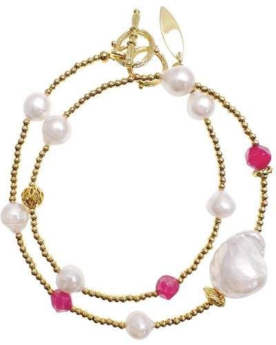 Farra Baroque Pearls With Pink Gemstones Double Layers Bracelet / Choker