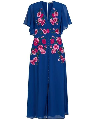 Hope & Ivy The Monica Embroidered Flutter Sleeve Front Button Midi Dress - Blue