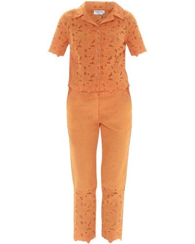 Haris Cotton Straight Linen Pants With Eyelet Embroidery Scallop Trim Hem Lotus - Orange