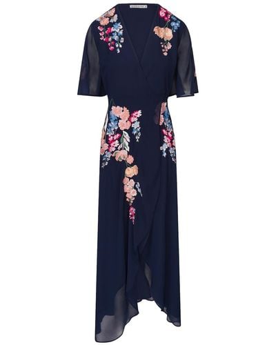 Hope & Ivy The Gisela Embroidered Flutter Sleeve Maxi Wrap Dress With Tie Waist - Blue