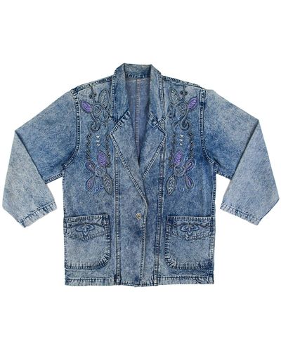 Sugar Cream Vintage Embroidered Collared Neck Denim Vintage Jacket With Patch Pocket - Blue