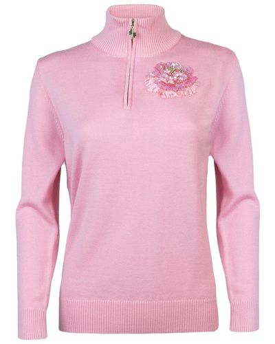Laines London Laines Couture Quarter Zip Sweater With Embellished Pink Peony
