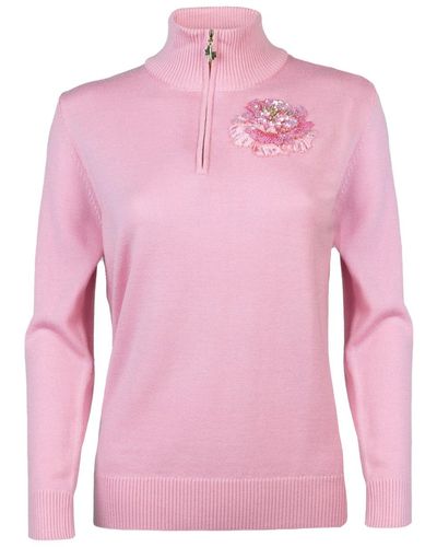 Laines London Laines Couture Quarter Zip Jumper With Embellished Pink Peony