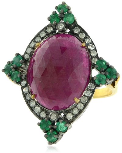 Artisan Gold Silver Pave Diamond Ruby Emerald Gemstone Cocktail Ring Handmade - Green