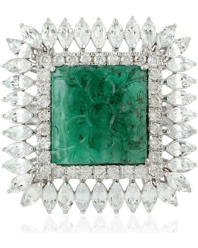 Artisan 18k White Gold Pave Diamond Emerald Ring Sapphire Gemstone Jewellery - Multicolour