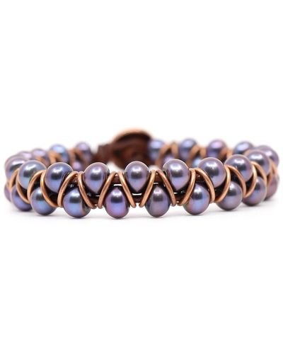 Shar Oke Purple Peacock Pearls & Leather Beaded Bracelet - Multicolour
