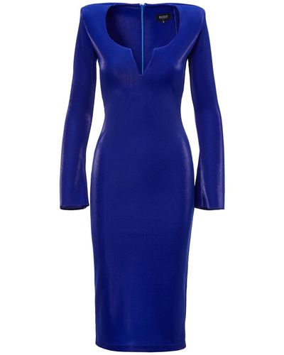 BLUZAT Electric Bodycon Midi Dress With V Neck Detail And Structured Shoulders - Blue